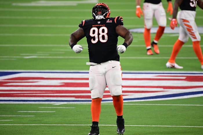 Cincinnati Bengals defensive tackle D.J. reader (98) celebrates a sack against the Los Angeles Rams in the third quarter of Super Bowl LVI at SoFi Stadium.